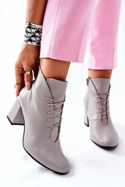 Hot Damskie Skórzane Botki Na Słupku Szare Carrice Damskie Botki Sznurowane|Botki Na Słupku