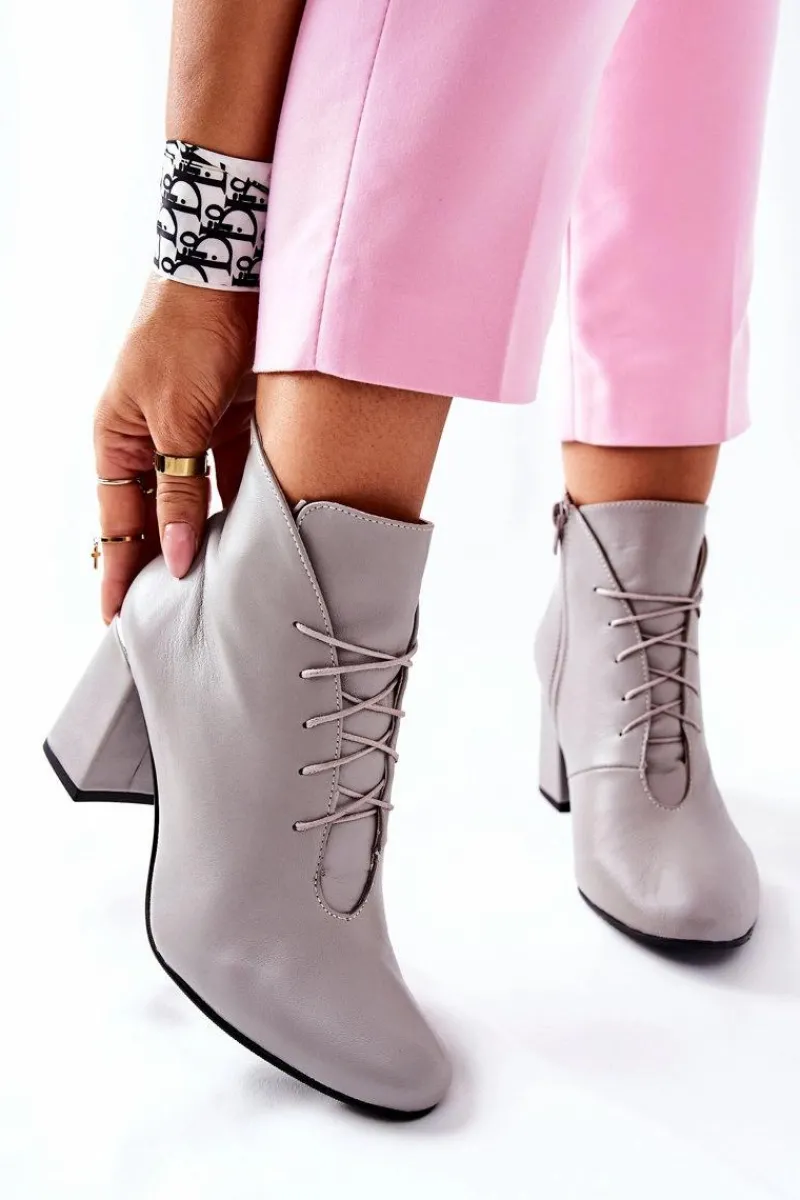 Hot Damskie Skórzane Botki Na Słupku Szare Carrice Damskie Botki Sznurowane|Botki Na Słupku