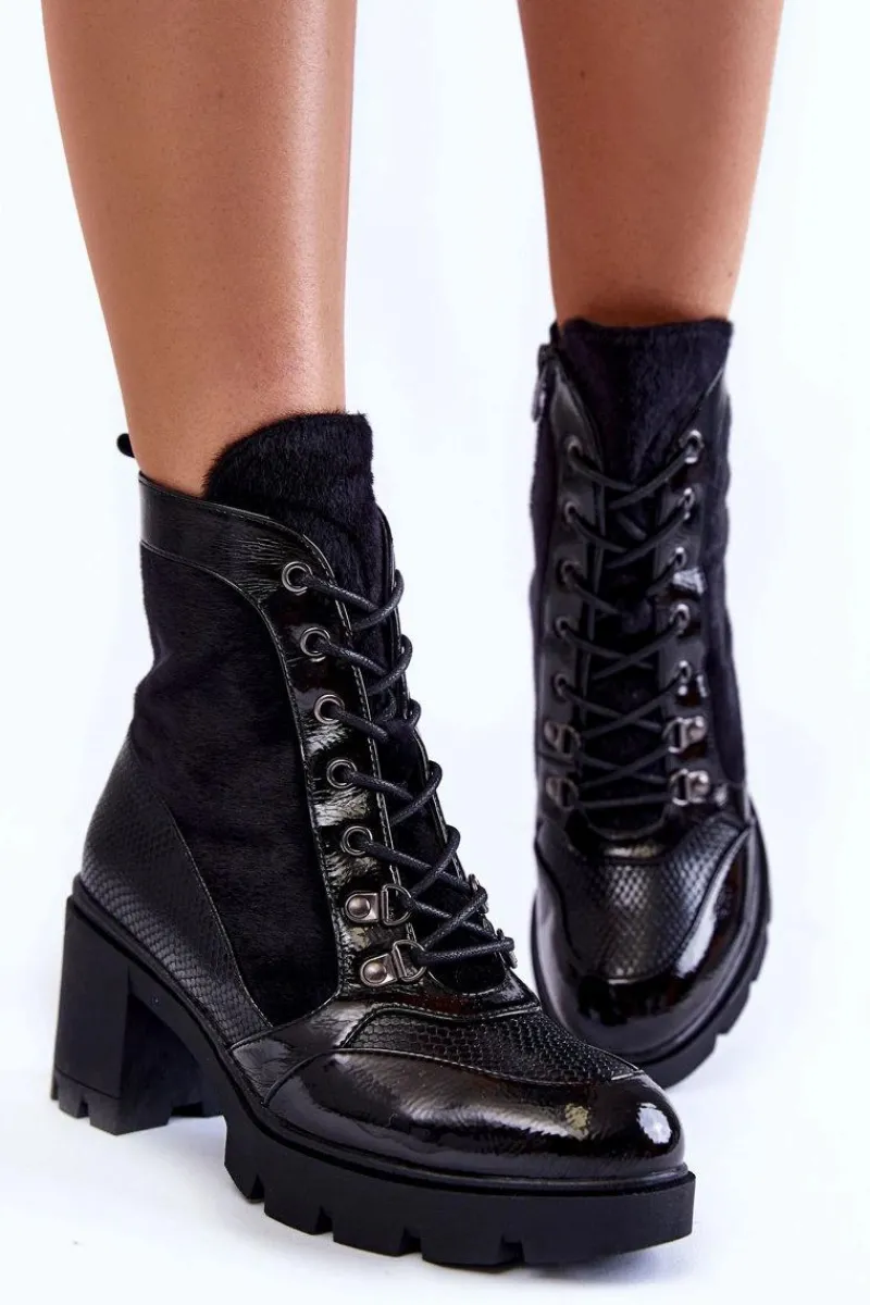 Sale Damskie Skórzane Botki Na Obcasie La.Fi 260063B-LA Czarne Damskie Botki Sznurowane|Czarne Botki