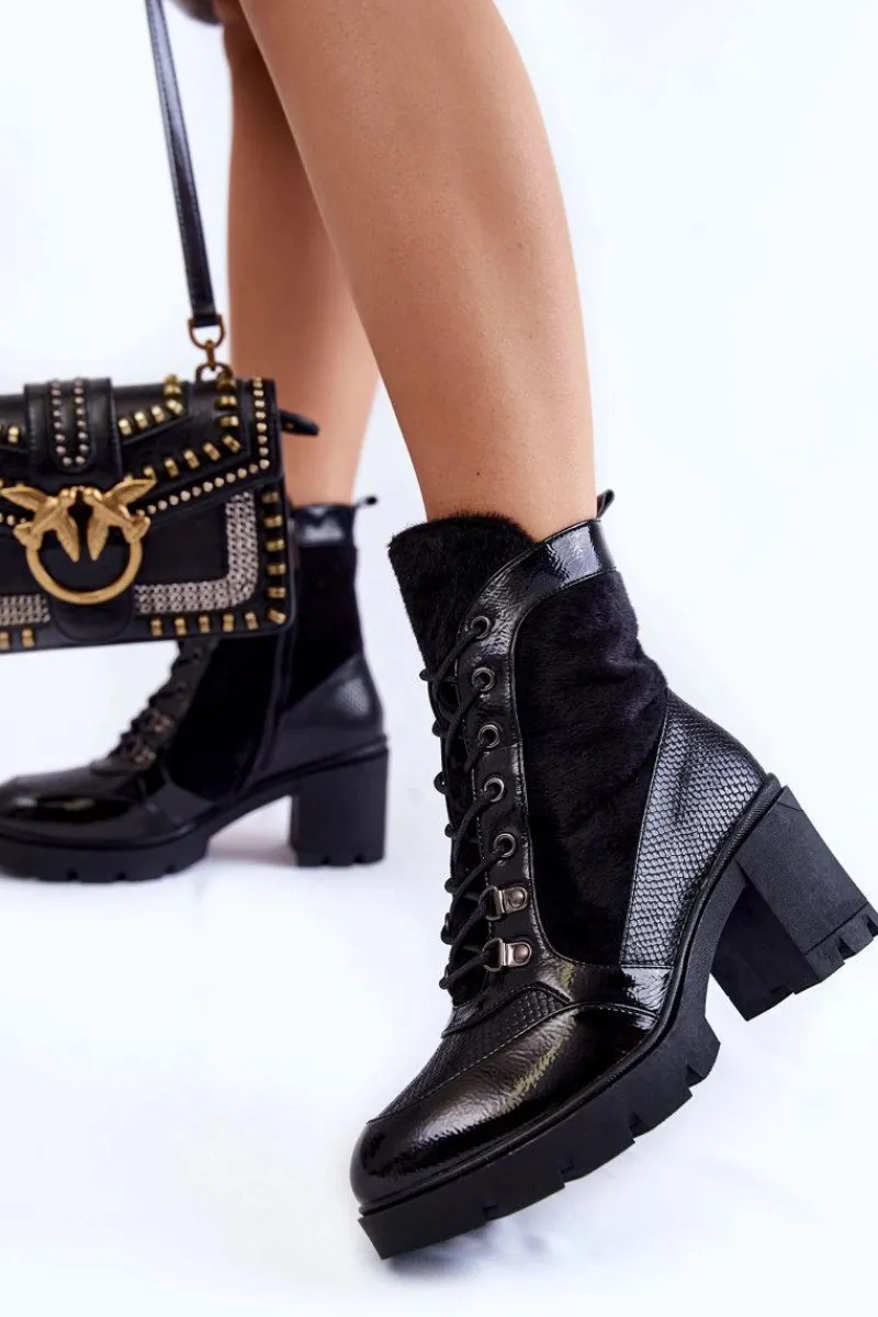 Sale Damskie Skórzane Botki Na Obcasie La.Fi 260063B-LA Czarne Damskie Botki Sznurowane|Czarne Botki