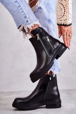 Outlet Damskie Skórzane Botki Na Suwak Czarne Navarra Damskie Czarne Botki|Botki Zimowe Damskie