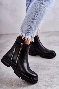 Outlet Damskie Skórzane Botki Na Suwak Czarne Navarra Damskie Czarne Botki|Botki Zimowe Damskie