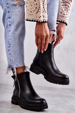 Outlet Damskie Skórzane Botki Na Suwak Czarne Navarra Damskie Czarne Botki|Botki Zimowe Damskie