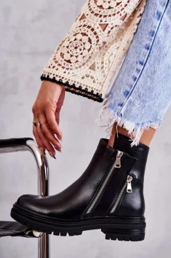 Outlet Damskie Skórzane Botki Na Suwak Czarne Navarra Damskie Czarne Botki|Botki Zimowe Damskie