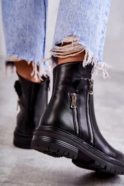 Outlet Damskie Skórzane Botki Na Suwak Czarne Navarra Damskie Czarne Botki|Botki Zimowe Damskie