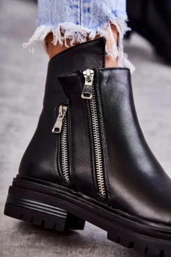 Outlet Damskie Skórzane Botki Na Suwak Czarne Navarra Damskie Czarne Botki|Botki Zimowe Damskie