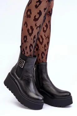 Boto Damskie Skórzane Botki Na Masywnej Platformie Czarne Lemar Savira