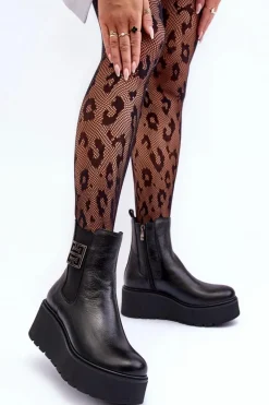 Boto Damskie Skórzane Botki Na Masywnej Platformie Czarne Lemar Savira