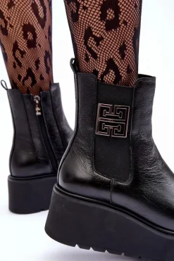 Boto Damskie Skórzane Botki Na Masywnej Platformie Czarne Lemar Savira