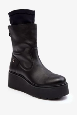 Hot Damskie Skórzane Botki Na Masywnej Platformie 06246-01 Czarne Damskie Botki Maciejka|Botki Na Koturnie
