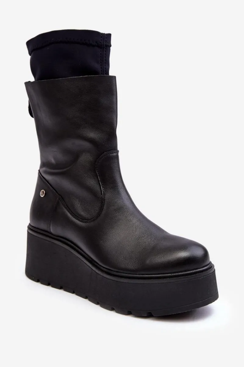 Hot Damskie Skórzane Botki Na Masywnej Platformie 06246-01 Czarne Damskie Botki Maciejka|Botki Na Koturnie