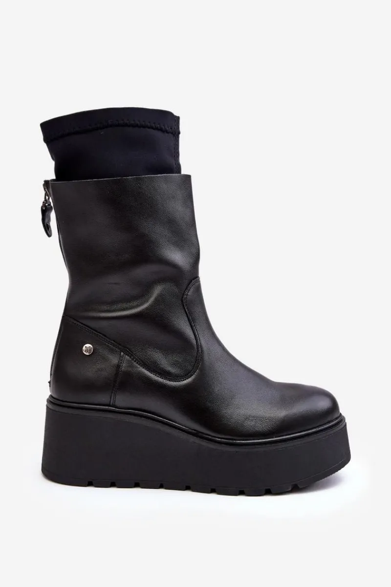 Hot Damskie Skórzane Botki Na Masywnej Platformie 06246-01 Czarne Damskie Botki Maciejka|Botki Na Koturnie