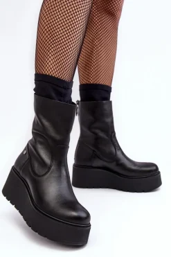 Hot Damskie Skórzane Botki Na Masywnej Platformie 06246-01 Czarne Damskie Botki Maciejka|Botki Na Koturnie