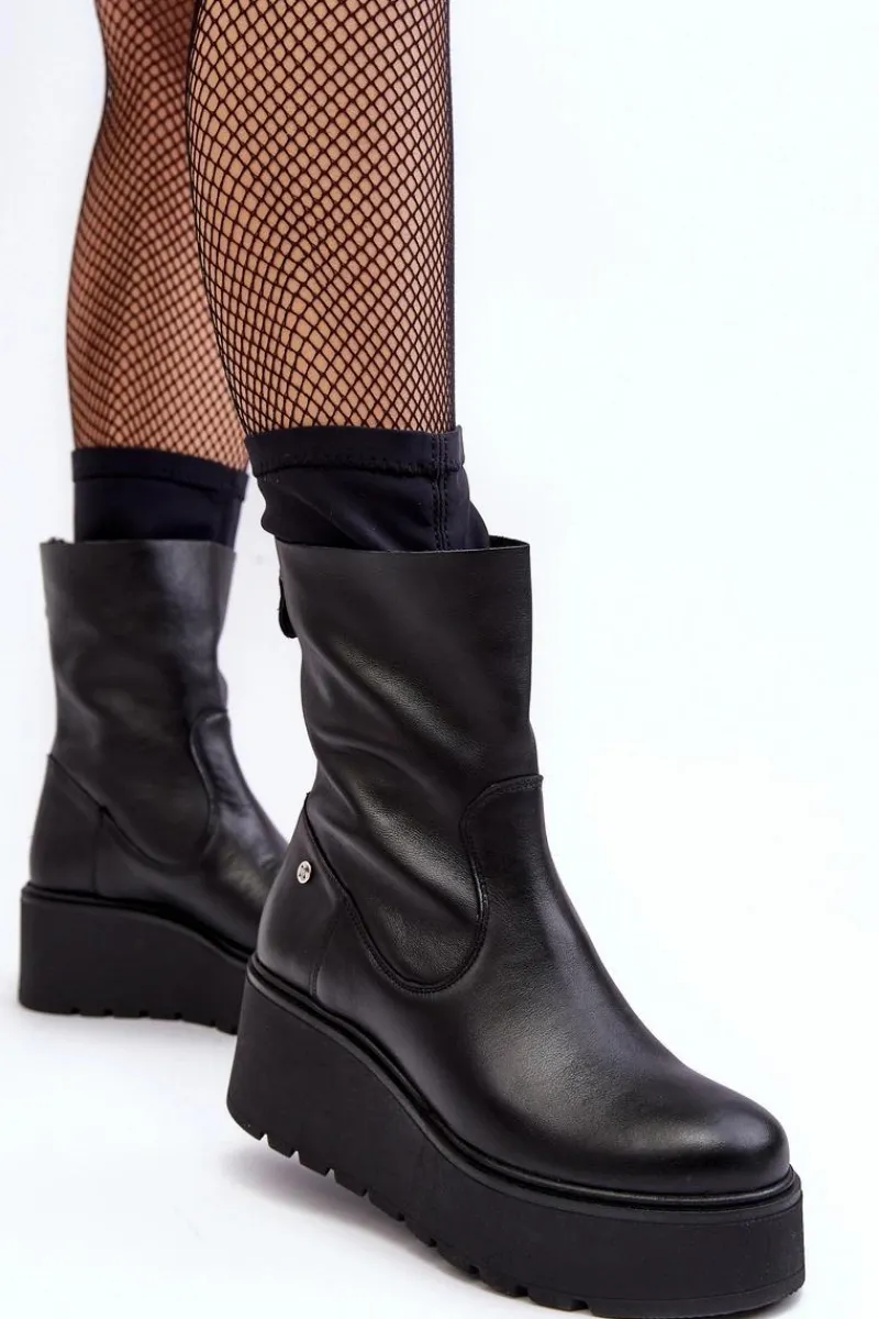 Hot Damskie Skórzane Botki Na Masywnej Platformie 06246-01 Czarne Damskie Botki Maciejka|Botki Na Koturnie