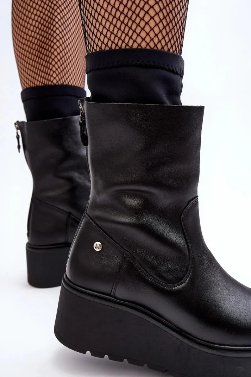Hot Damskie Skórzane Botki Na Masywnej Platformie 06246-01 Czarne Damskie Botki Maciejka|Botki Na Koturnie