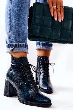 Botki Sznurowane|Botki Na Słupku>Boto Damskie Skórzane Botki Na Słupku Zielone Neliko