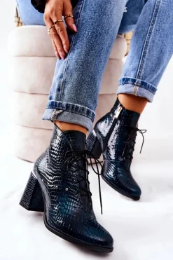 Botki Sznurowane|Botki Na Słupku>Boto Damskie Skórzane Botki Na Słupku Zielone Neliko