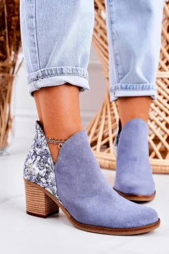 Maciejka Damskie Skórzane Botki Na Słupku Jasny Niebieski 04492