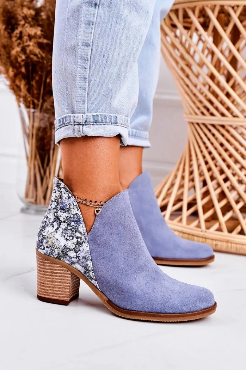 Maciejka Damskie Skórzane Botki Na Słupku Jasny Niebieski 04492