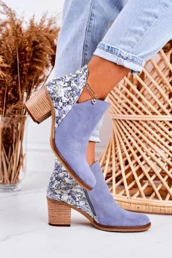 Maciejka Damskie Skórzane Botki Na Słupku Jasny Niebieski 04492