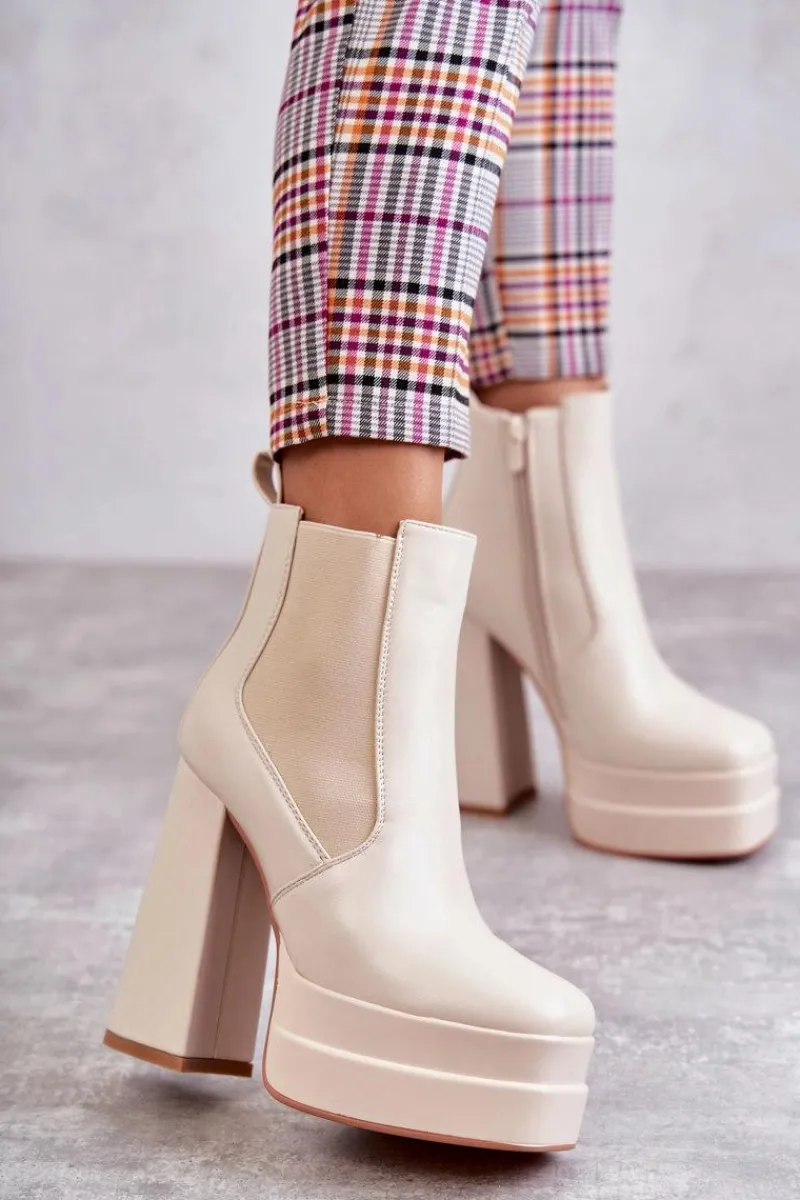 Best Boto Damskie Skórzane Botki Na Masywnym Obcasie Beżowe Jones