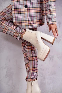 Best Boto Damskie Skórzane Botki Na Masywnym Obcasie Beżowe Jones