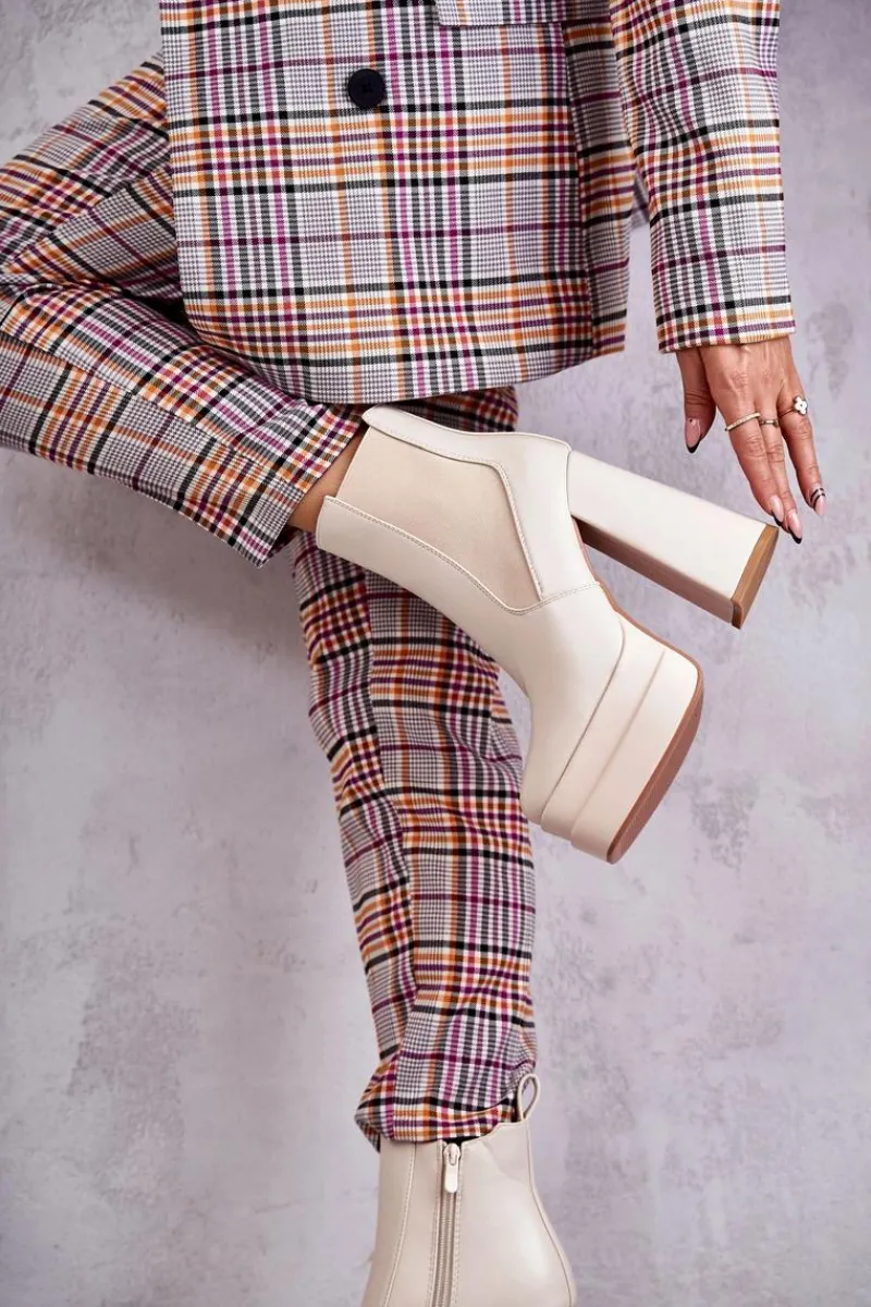 Best Boto Damskie Skórzane Botki Na Masywnym Obcasie Beżowe Jones