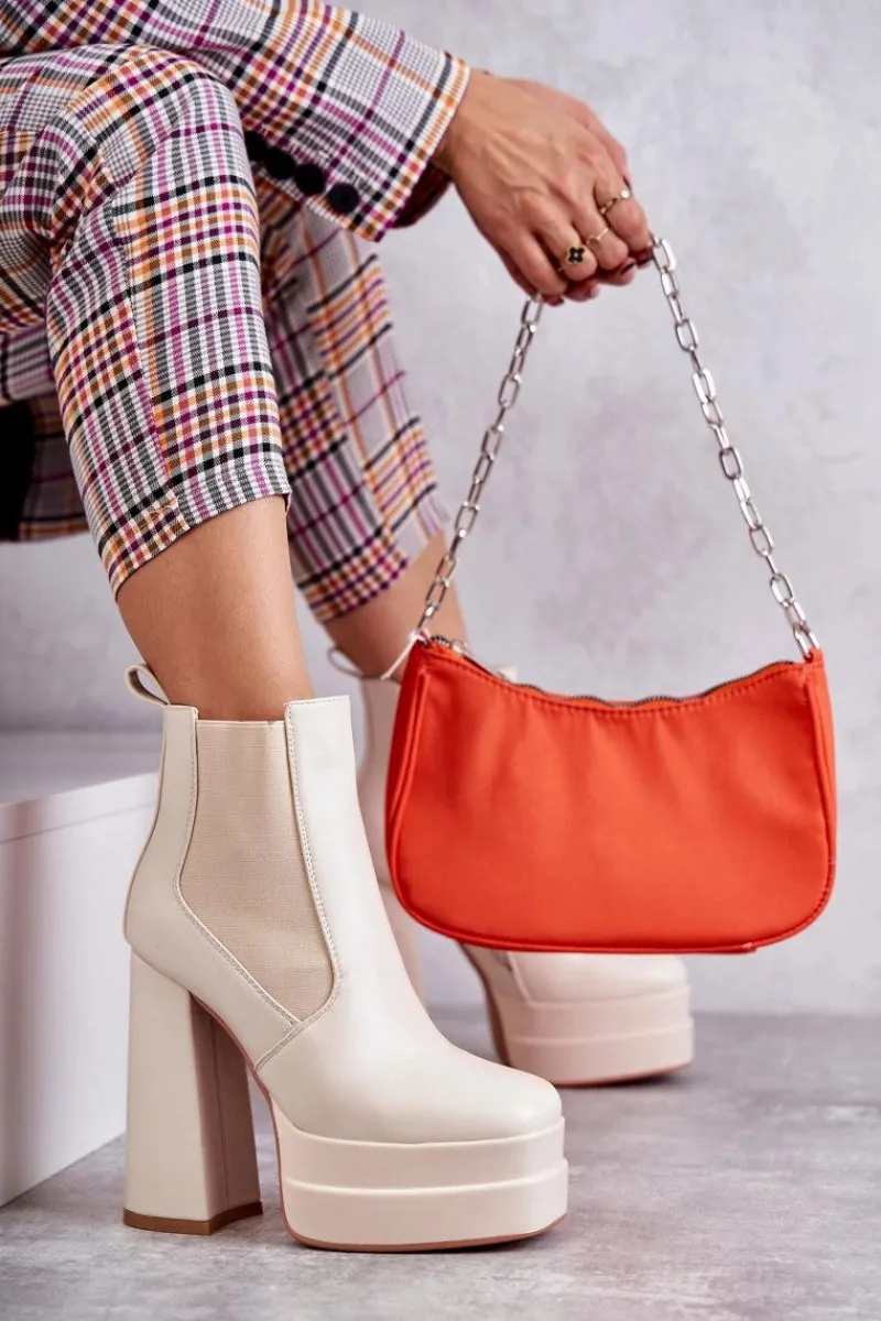 Best Boto Damskie Skórzane Botki Na Masywnym Obcasie Beżowe Jones