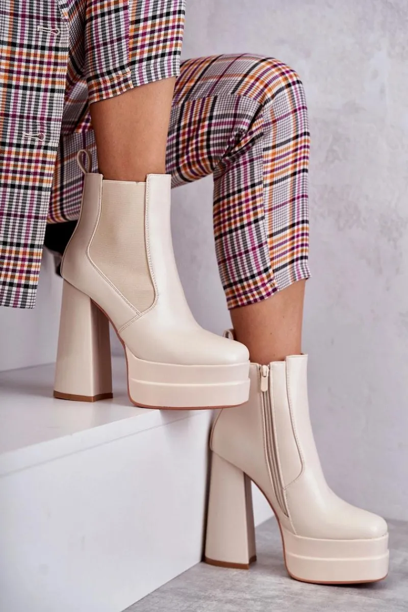 Best Boto Damskie Skórzane Botki Na Masywnym Obcasie Beżowe Jones