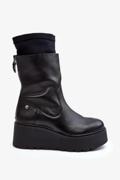 Maciejka Damskie Skórzane Botki Na Masywnej Platformie A7161-01 Czarne Czarny