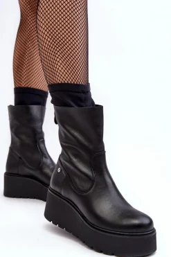 Maciejka Damskie Skórzane Botki Na Masywnej Platformie A7161-01 Czarne Czarny