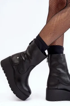 Maciejka Damskie Skórzane Botki Na Masywnej Platformie A7161-01 Czarne Czarny