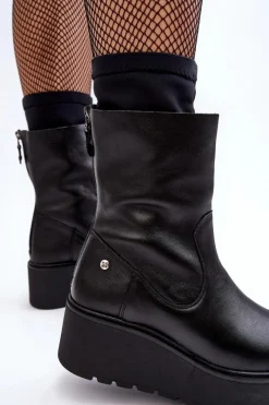 Maciejka Damskie Skórzane Botki Na Masywnej Platformie A7161-01 Czarne Czarny
