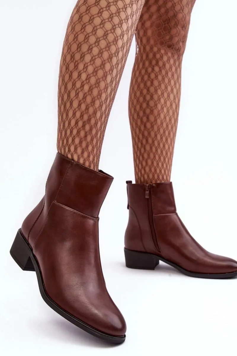 Discount Buty Sergio Leone Damskie Skórzane Botki Na Suwak Brązowe Semotti