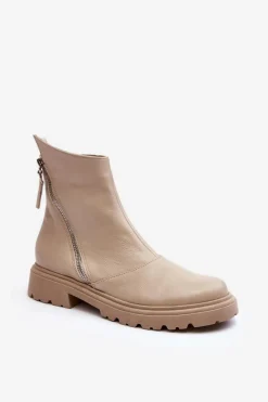 Online Laura Messi Damskie Skórzane Botki Na Płaskim Obcasie 2620/199 Jasnobeżowe