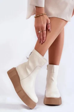 Clearance Damskie Skórzane Botki Na Platformie Jasnobeżowe Jenefer Damskie Botki Na Koturnie|Botki Zimowe Damskie