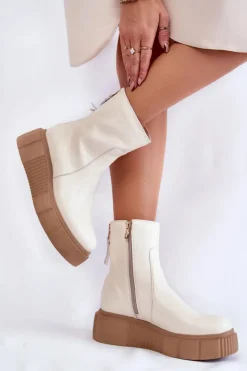 Clearance Damskie Skórzane Botki Na Platformie Jasnobeżowe Jenefer Damskie Botki Na Koturnie|Botki Zimowe Damskie