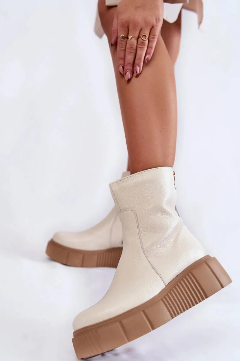 Clearance Damskie Skórzane Botki Na Platformie Jasnobeżowe Jenefer Damskie Botki Na Koturnie|Botki Zimowe Damskie