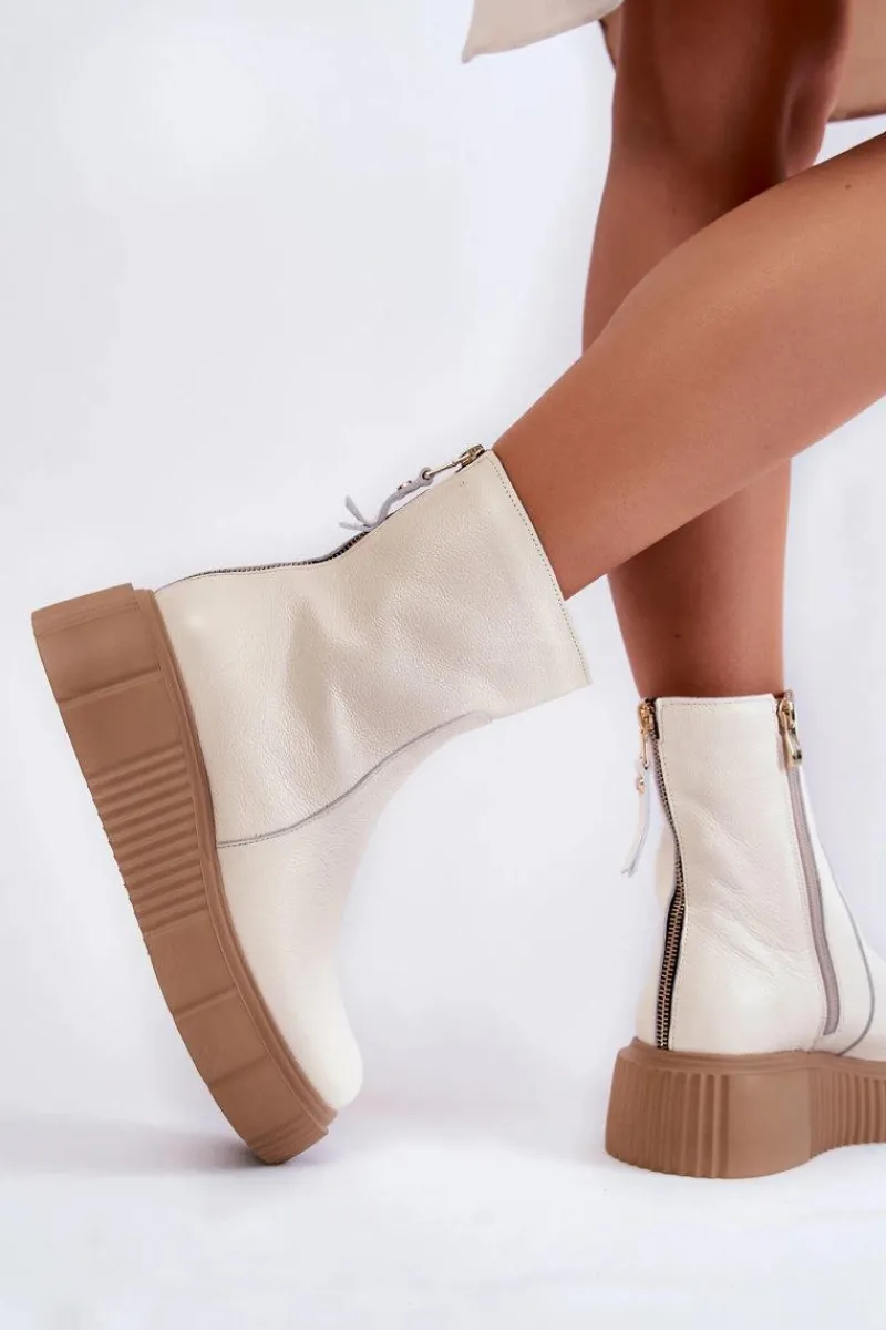 Clearance Damskie Skórzane Botki Na Platformie Jasnobeżowe Jenefer Damskie Botki Na Koturnie|Botki Zimowe Damskie