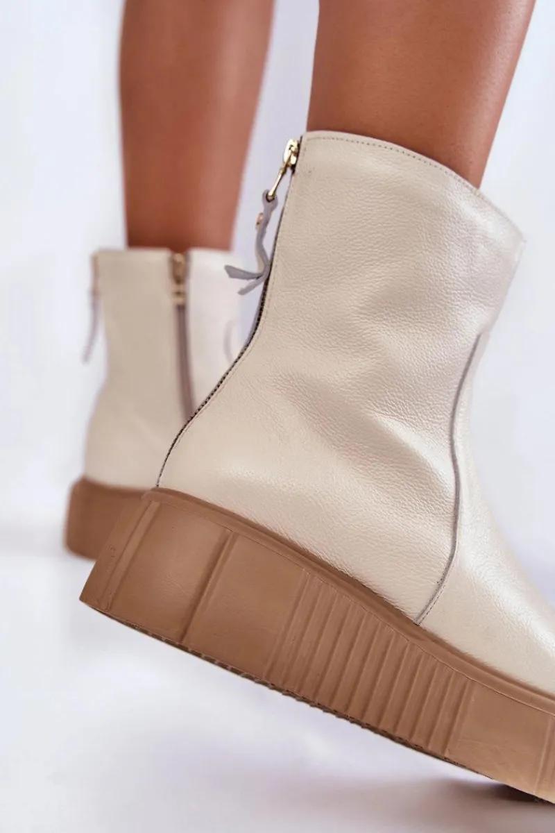 Clearance Damskie Skórzane Botki Na Platformie Jasnobeżowe Jenefer Damskie Botki Na Koturnie|Botki Zimowe Damskie