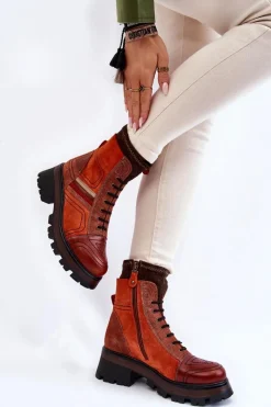 Maciejka Damskie Skórzane Botki Na Płaskim Obcasie 05624-08 Pomarańczowo-Brązowe