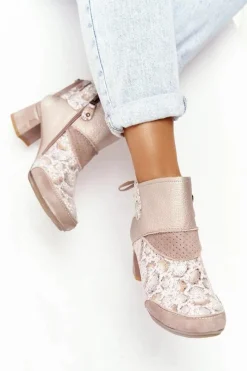 Discount Damskie Skórzane Botki Na Słupku Złoto Beżowe 03963-20 Damskie Botki Wiosenne|Botki Maciejka