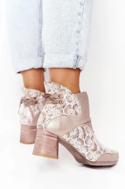 Discount Damskie Skórzane Botki Na Słupku Złoto Beżowe 03963-20 Damskie Botki Wiosenne|Botki Maciejka