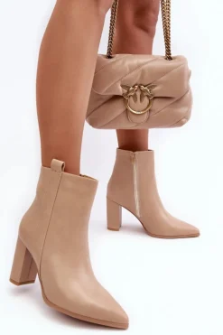 Sale Boto Damskie Skórzane Botki Na Słupku Beżowe Vevine
