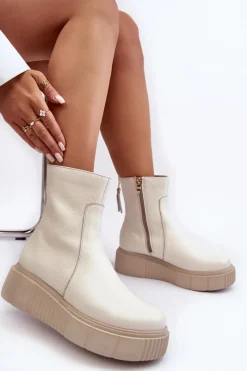 Hot Zazoo Damskie Skórzane Botki Na Platformie Jasnobeżowe Lemar Jenefer