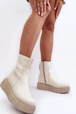 Hot Zazoo Damskie Skórzane Botki Na Platformie Jasnobeżowe Lemar Jenefer