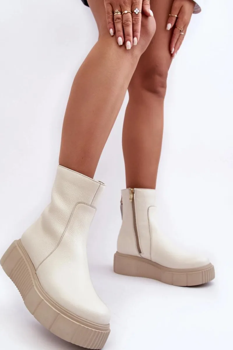 Hot Zazoo Damskie Skórzane Botki Na Platformie Jasnobeżowe Lemar Jenefer