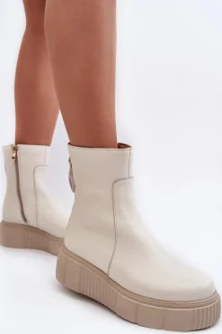 Hot Zazoo Damskie Skórzane Botki Na Platformie Jasnobeżowe Lemar Jenefer