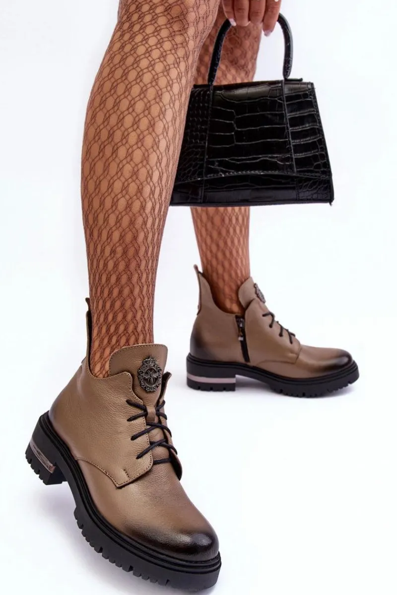 Botki Skórzane|Botki Sznurowane>Boto Damskie Skórzane Botki Na Płaskim Obcasie Beżowe Lemar Charline