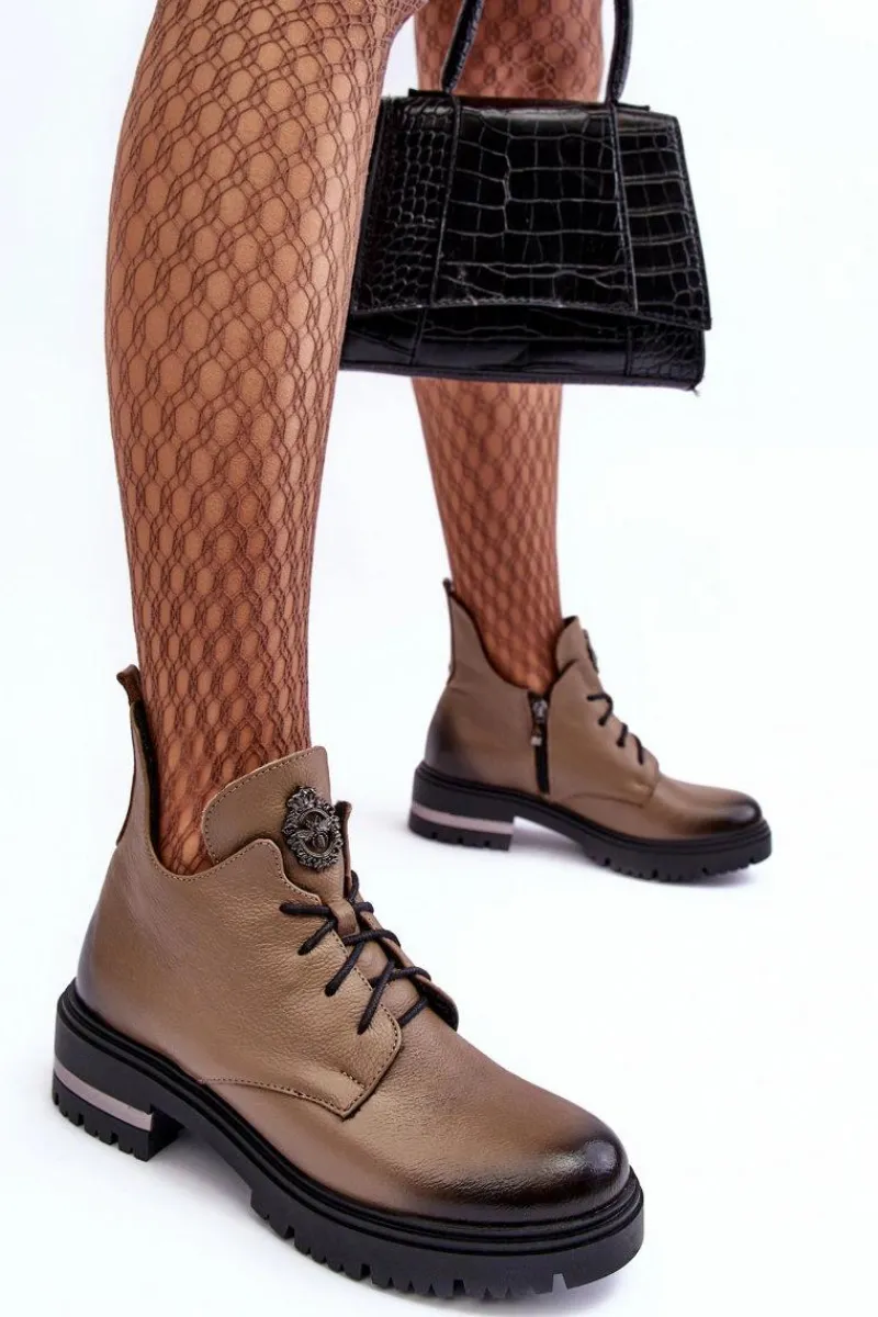 Botki Skórzane|Botki Sznurowane>Boto Damskie Skórzane Botki Na Płaskim Obcasie Beżowe Lemar Charline